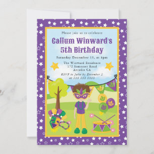Cute Brunette Mardi Gras Boy Kids Birthday Invitation