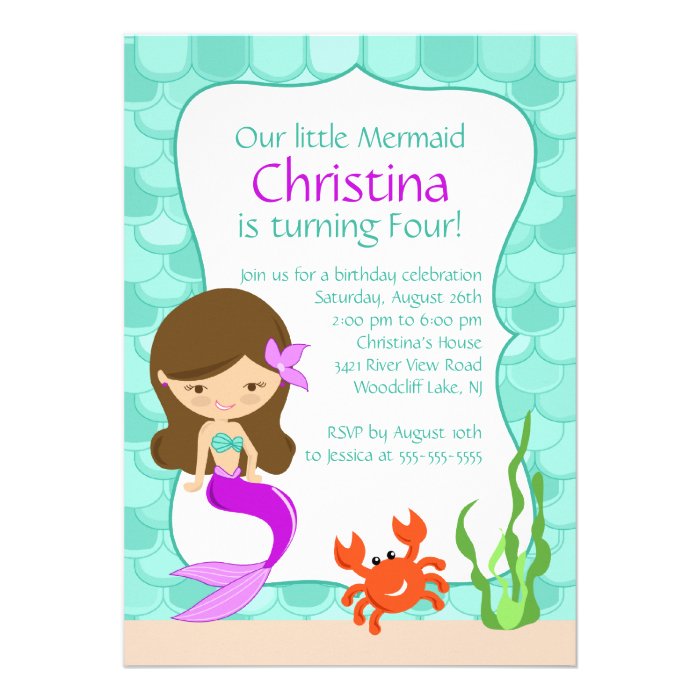 Cute Brunette Mermaid Birthday Invitation