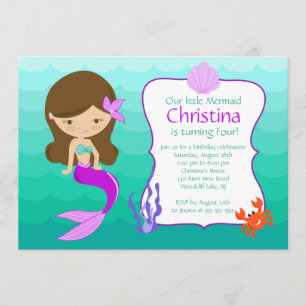Cute Brunette Mermaid Birthday Invitation