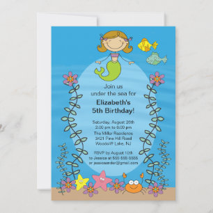 Cute Brunette Mermaid Birthday Invitation