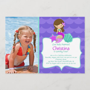 Cute Brunette Mermaid Photo Birthday Invitation