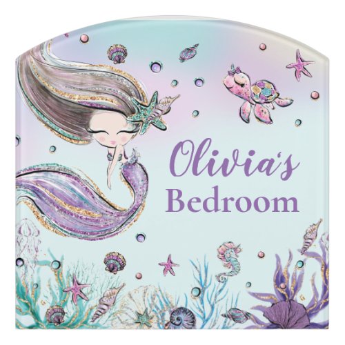 Cute Brunette Mermaid Under the Sea Purple Glitter Door Sign