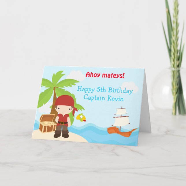 Cute Brunette Pirate Boy Birthday Party Card (Front)