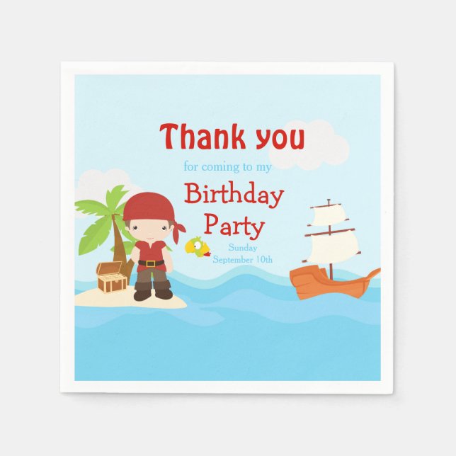 Cute Brunette Pirate Boy in Red Birthday Napkins (Front)