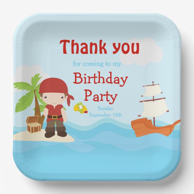 Cute Brunette Pirate Boy in Red Birthday Paper Plates (Front)