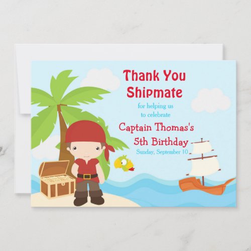 Cute Brunette Pirate Boy in Red Birthday Party Thank You Card