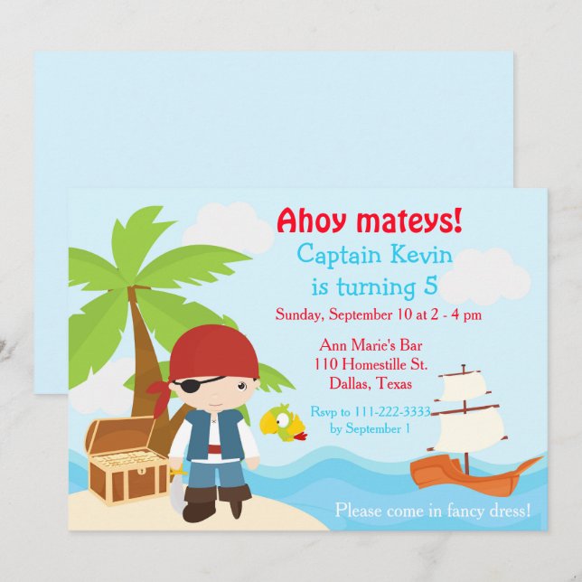 Cute Brunette Pirate Eye Patch Boy Birthday Party Invitation (Front/Back)