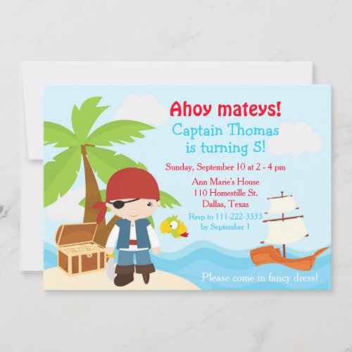 Cute Brunette Pirate Eye Patch Boy Birthday Party Invitation