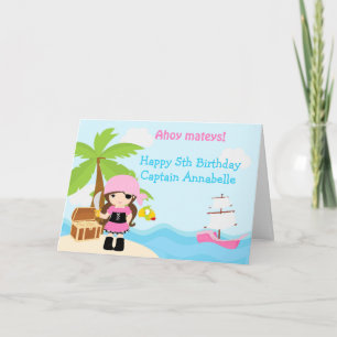 Cute Brunette Pirate Girl Birthday Party Card