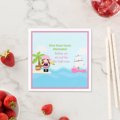 Cute Brunette Pirate Girl in Pink Birthday Party Napkins