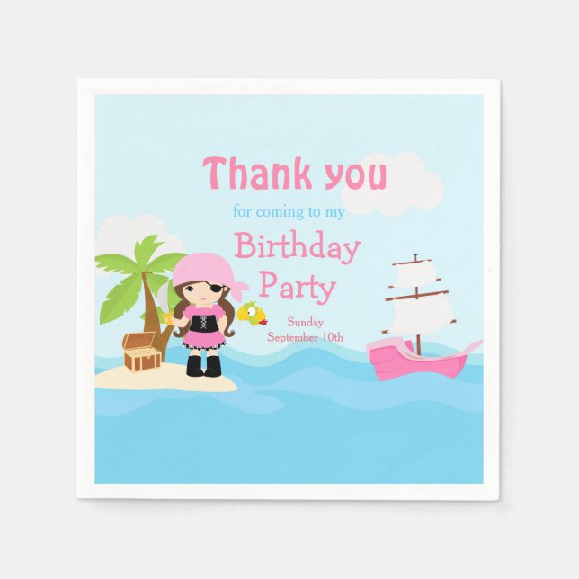 Cute Brunette Pirate Girl in Pink Birthday Party Napkins (Front)