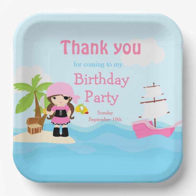 Cute Brunette Pirate Girl in Pink Birthday Party Paper Plates (Front)