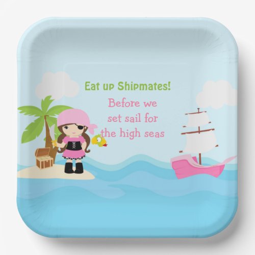 Cute Brunette Pirate Girl in Pink Birthday Party Paper Plates