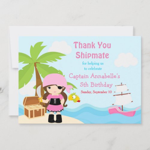 Cute Brunette Pirate Girl in Pink Birthday Party Thank You Card