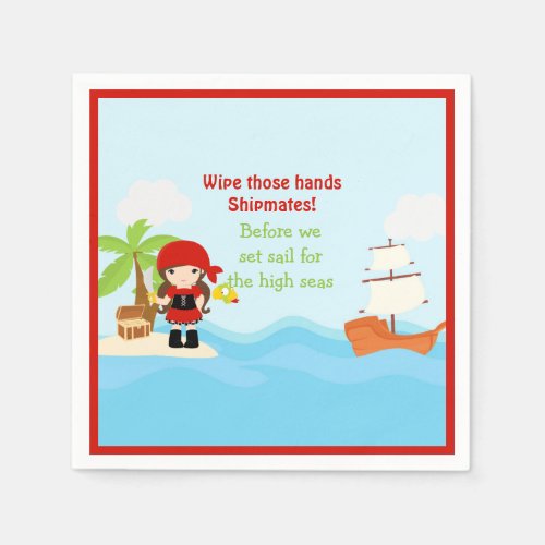 Cute Brunette Pirate Girl in Red Birthday Napkins