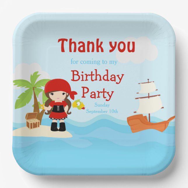 Cute Brunette Pirate Girl in Red Birthday Paper Plates (Front)