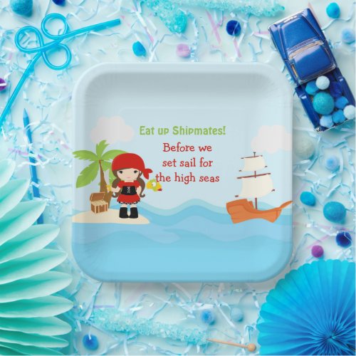 Cute Brunette Pirate Girl in Red Birthday Paper Plates