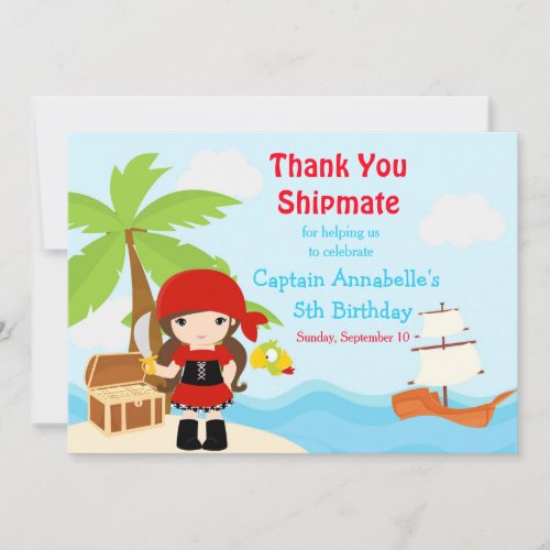 Cute Brunette Pirate Girl in Red Birthday Party Thank You Card