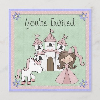 Cute Brunette Princess And Unicorn Birthday Invite by TheCutieCollection at Zazzle