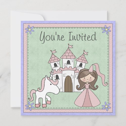 Cute Brunette Princess and Unicorn Birthday Invite