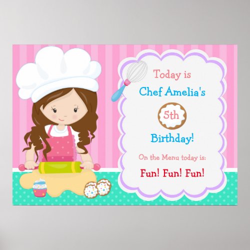 Cute Brunette Ringlets Baking Girl Birthday Poster