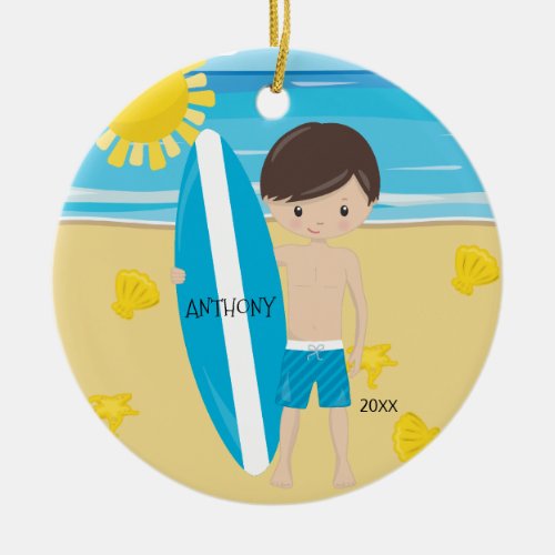 Cute Brunette Surfer Boy Personalized Christmas Ceramic Ornament