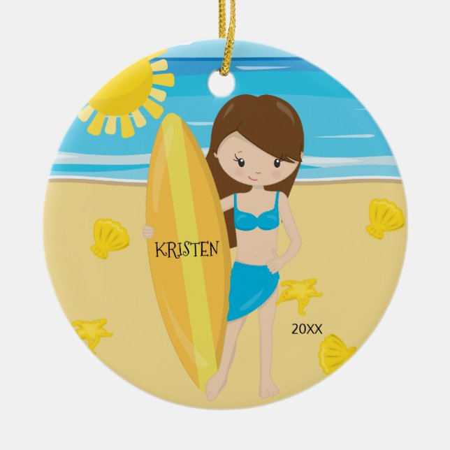 Cute Brunette Surfer Girl Personalized Christmas Ceramic Ornament (Front)