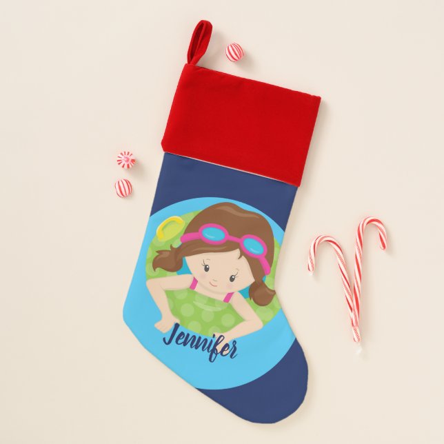 Cute Brunette Swim Girl with Goggles Custom Blue Christmas Stocking (Front)