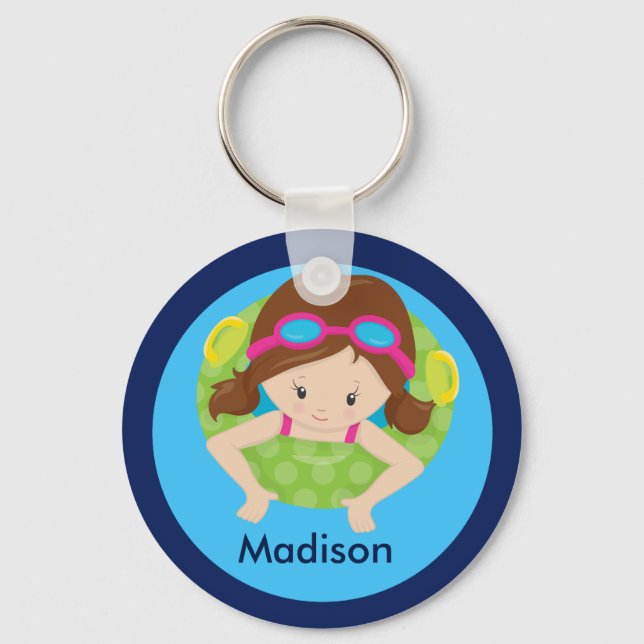 Cute Brunette Swim Girl with Goggles Custom Blue Keychain (Front)