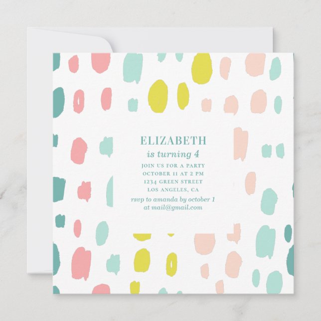 Cute brush strokes. Pink and mint kids birthday Invitation (Front)