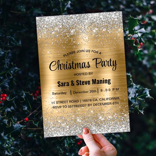 Cute brushed gold faux silver glitter Christmas  Invitation