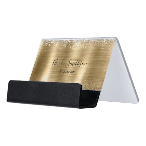 Cute brushed gold faux silver glitter desk business card holder