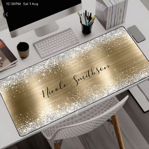 Cute brushed gold faux silver glitter desk mat