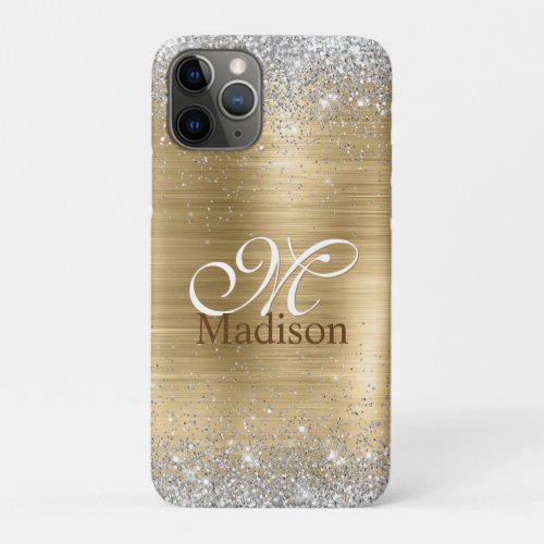Cute brushed gold faux silver glitter monogram iPhone 11 pro case
