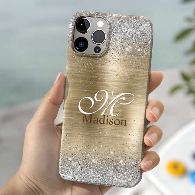 Cute brushed gold faux silver glitter monogram Case-Mate iPhone case (Creator Uploaded)