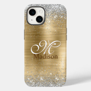 Cute brushed gold faux silver glitter monogram Case-Mate iPhone 14 case