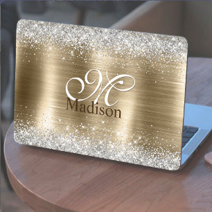 Cute brushed gold faux silver glitter monogram HP laptop skin