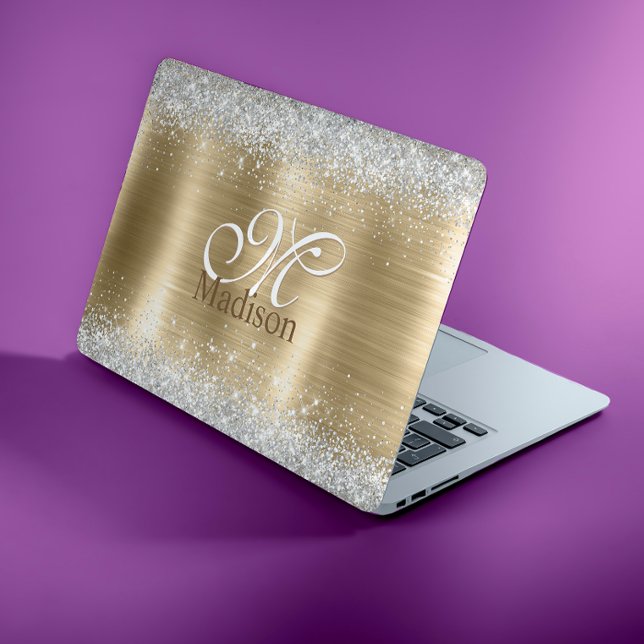 Cute brushed gold faux silver glitter monogram HP laptop skin (Creator Uploaded)