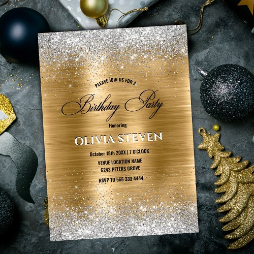 Cute brushed gold faux silver glitter monogram invitation