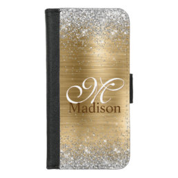 Cute brushed gold faux silver glitter monogram iPhone 8/7 wallet case