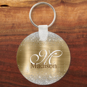 Cute brushed gold faux silver glitter monogram keychain