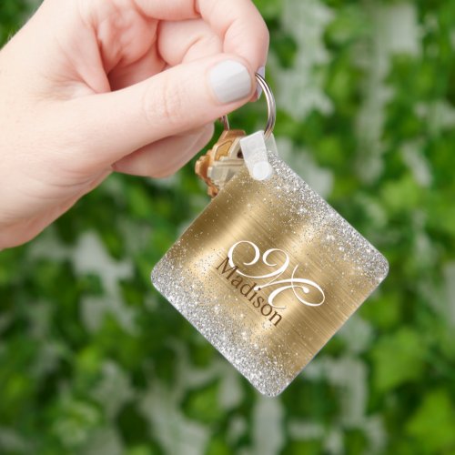 Cute brushed gold faux silver glitter monogram keychain