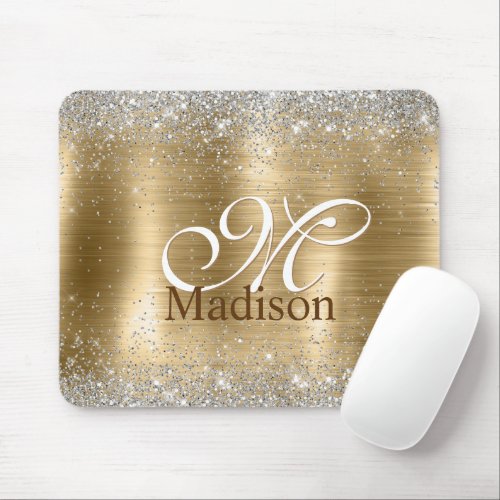 Cute brushed gold faux silver glitter monogram mouse pad
