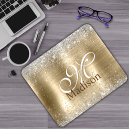 Cute brushed gold faux silver glitter monogram mouse pad