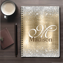 Cute brushed gold faux silver glitter monogram notebook