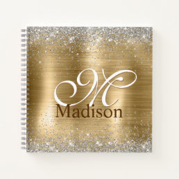 Cute brushed gold faux silver glitter monogram notebook