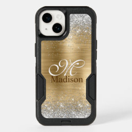 Cute brushed gold faux silver glitter monogram OtterBox iPhone 14 case