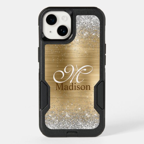 Cute brushed gold faux silver glitter monogram OtterBox iPhone 14 case