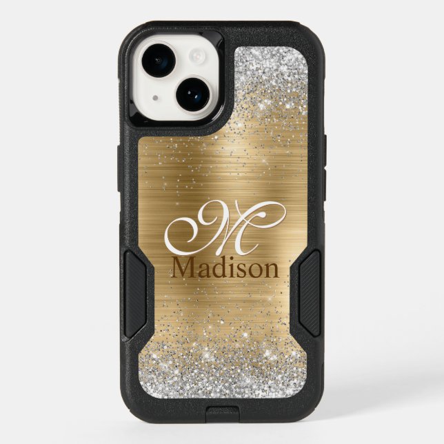 Cute brushed gold faux silver glitter monogram otterbox iPhone case (Back)
