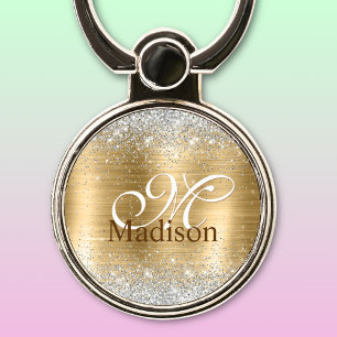 Cute brushed gold faux silver glitter monogram phone ring stand